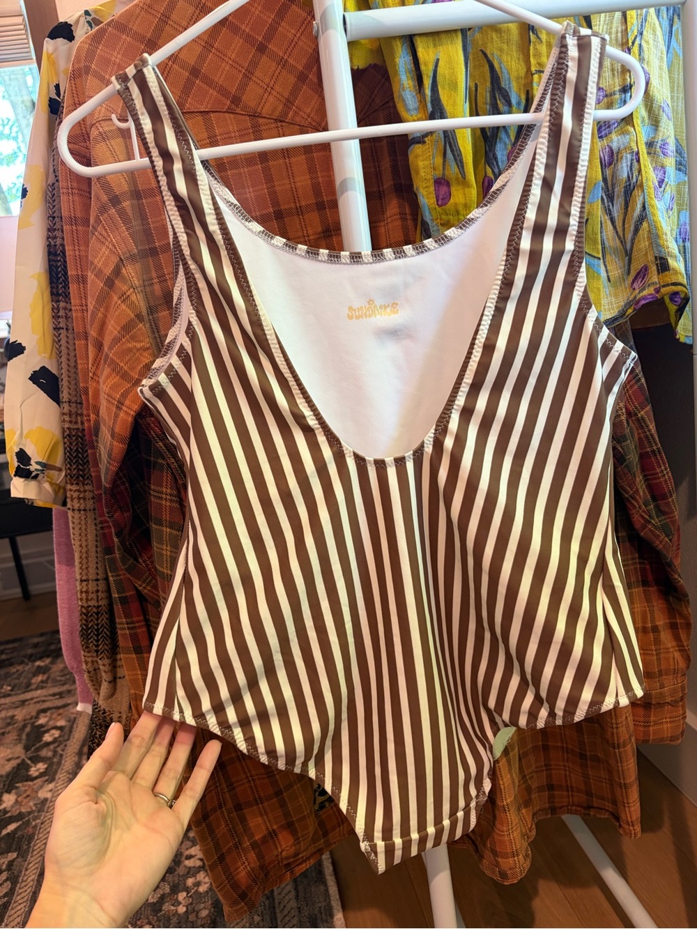 Sundance brown and cream striped one-piece swimsuit